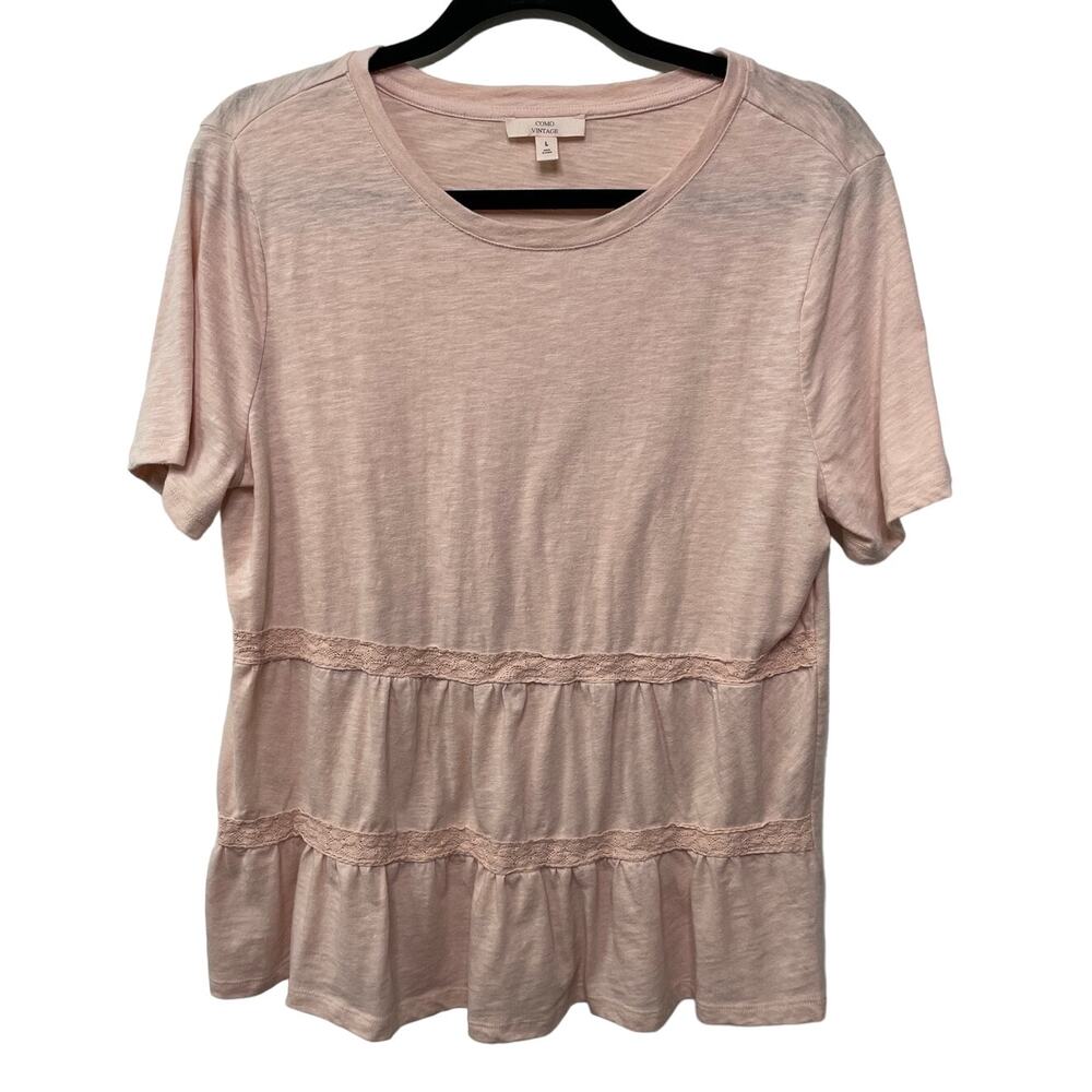 Como Vintage Tiered Ruffle Hem T-Shirt Short Sleeve Cotton Blend Pink Womens L